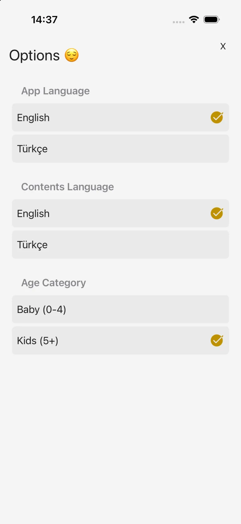 Baby Kids Tube: Videos & Games language and age options screen