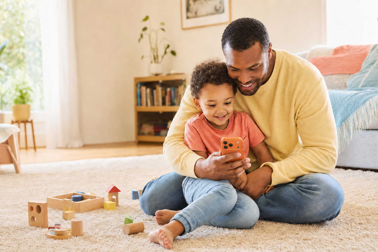 A parent and child sharing an orange iPhone 17 Pro Max together at home