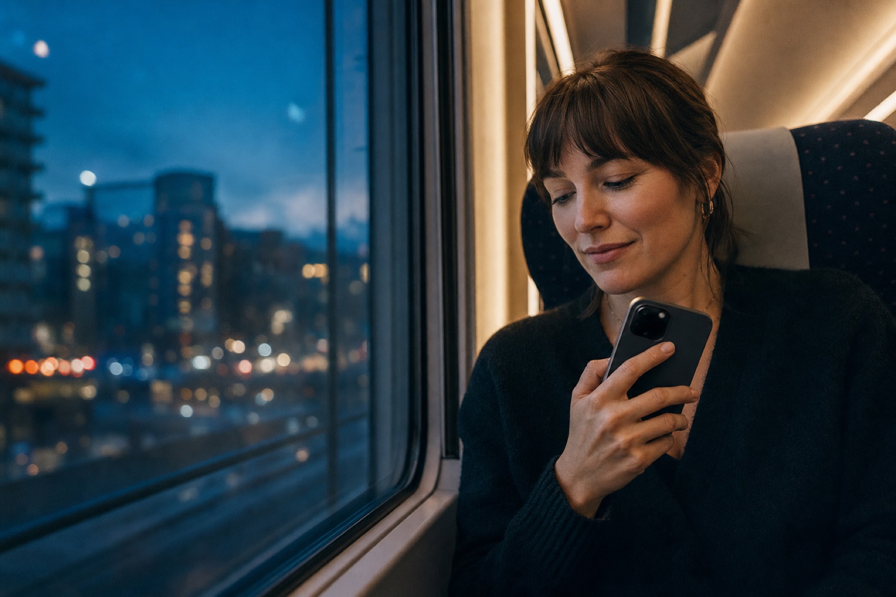 A person holding their iPhone close while travelling at dusk