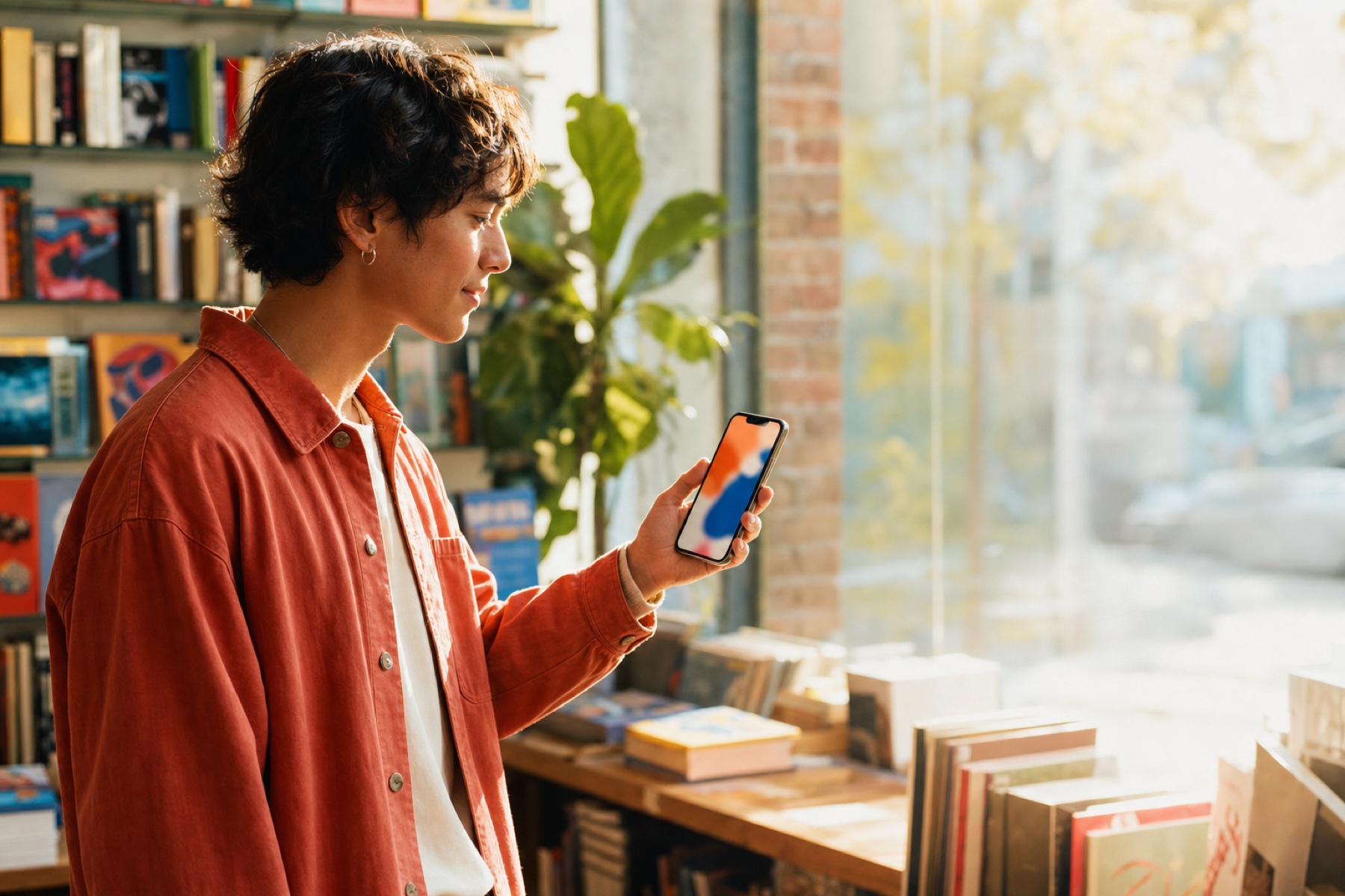 A person appreciating a personalized iPhone in a bookshop